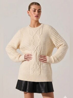 SANDRO $320 • 19.5” PTP • Women's Cable Knit Crewneck Sweater - Cream